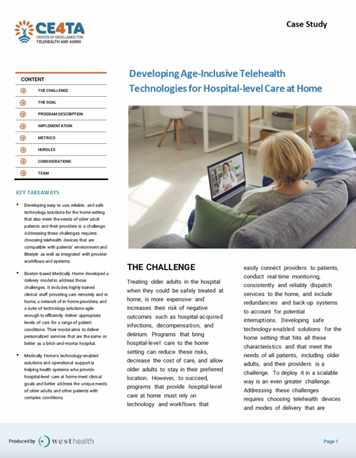 Developing Age-Inclusive Telehealth Technologies for Hospital-level Care at Home